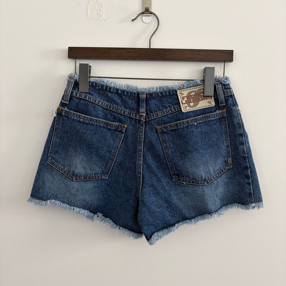 French Laundry Denim Shorts Dark Wash Raw Fringe Frayed Waist Womens Size 5/6